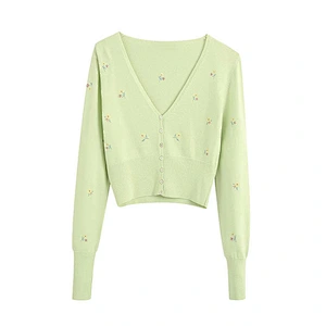 Women Floral Embroidery Cropped Knitted Cardigan Sweater Vintage Girl Tops blouse