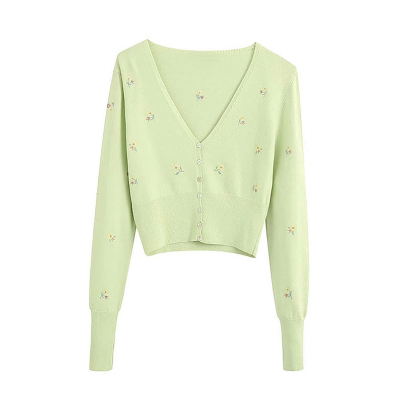 Women Floral Embroidery Cropped Knitted Cardigan Sweater Vintage Girl Tops blouse