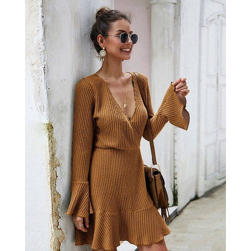 Fall clothing for women sexy v-neck knit dress ladies solid color dress wholesale apparel stock