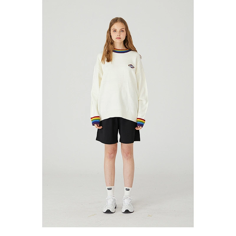 Unisex high collar oversize knitted sweater with logo custom embroidery men korean loose knitted sweater