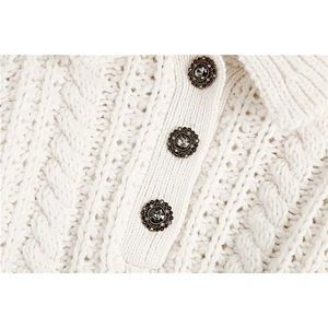 cotton cardigan for women  Lantern Sleeve sweater tops women Rhinestone Buttons Cropped Cable-Knit turtleneck sweater