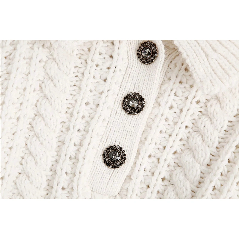 cotton cardigan for women  Lantern Sleeve sweater tops women Rhinestone Buttons Cropped Cable-Knit turtleneck sweater