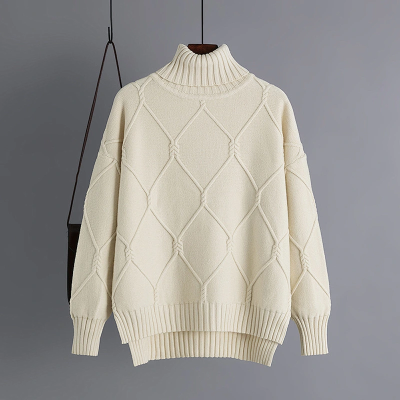 High neck fashion new turtleneck warm sweater loose pullover plus size knit sweater for women