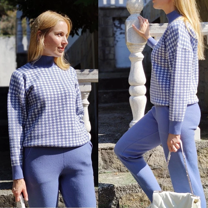 Casual sweaters women 2 piece set high neck plaid knitted girls two piece sweater set
