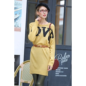 Round neck apparel pullover loose sweater letters jacquard long knitted dress