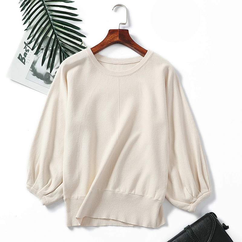 Winter knitted tops blouses women round neck puff sleeves solid color loose pullover sweaters