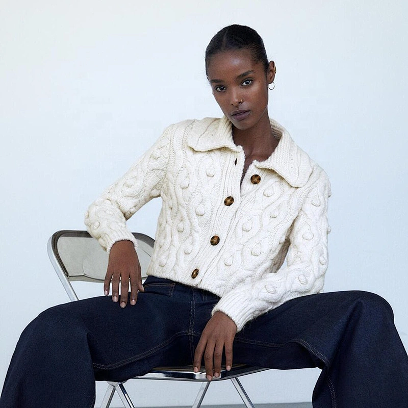 Pompoms Cropped Knitted cardigan with Button Rice White  casual sweater women cable knit sweaters