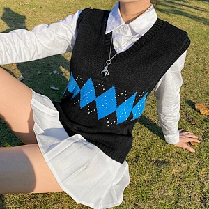 Women's classic print fringe winter sweater V-neck loose woolen ladies vest sweaters