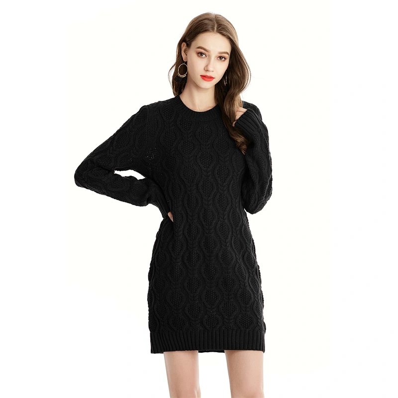 Women pullover sweater casual knitwear mid-length knitted dress