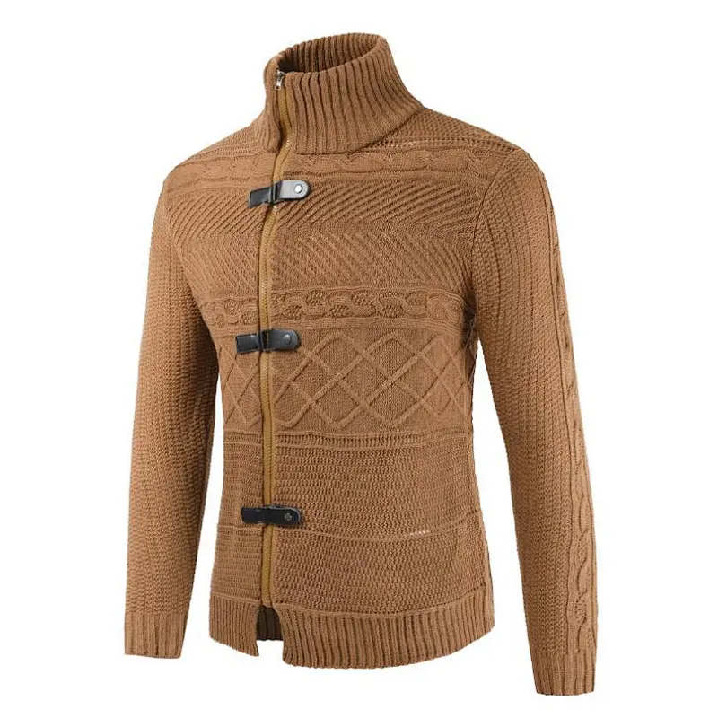 New Knitted Coatdigan Leather Button Neck Long Sleeve Cardigan Men Sweaters