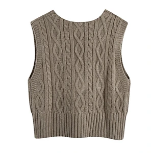 Women Ribbed Trims Cable Knitted Vest Sweaters Vintage V Neck Sleeveless Vest
