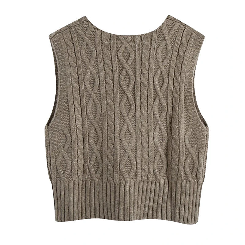 Women Ribbed Trims Cable Knitted Vest Sweaters Vintage V Neck Sleeveless Vest