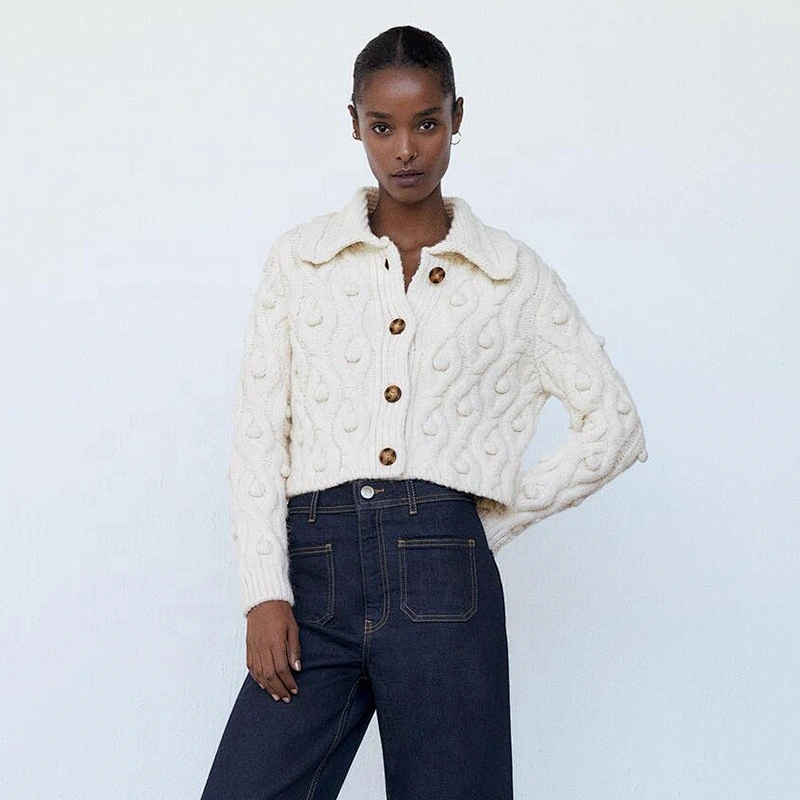 Pompoms Cropped Knitted cardigan with Button Rice White  casual sweater women cable knit sweaters