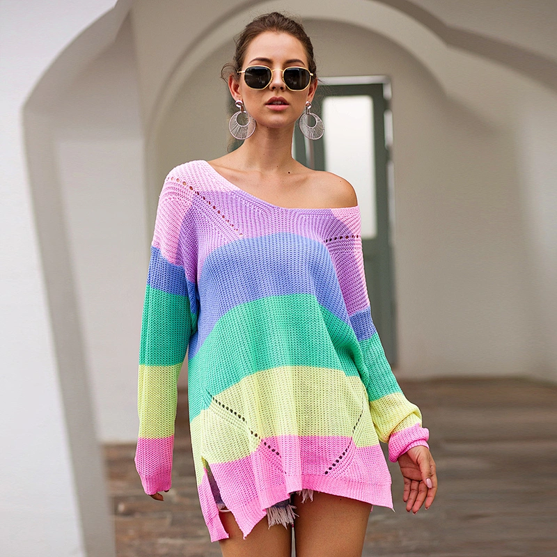2020 rainbow striped color blocking long sleeve knitted loose pullovers clothes women Casual fashion sweater