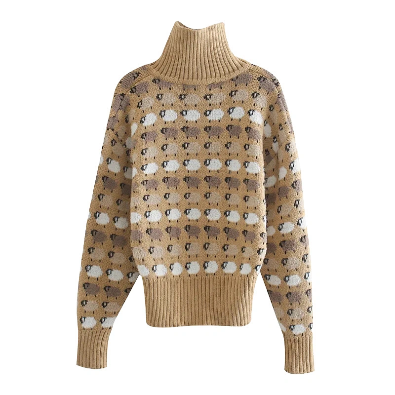 High Neck pullover hoodies womens with Buttons Loose Jacquard  trendy women sweaters