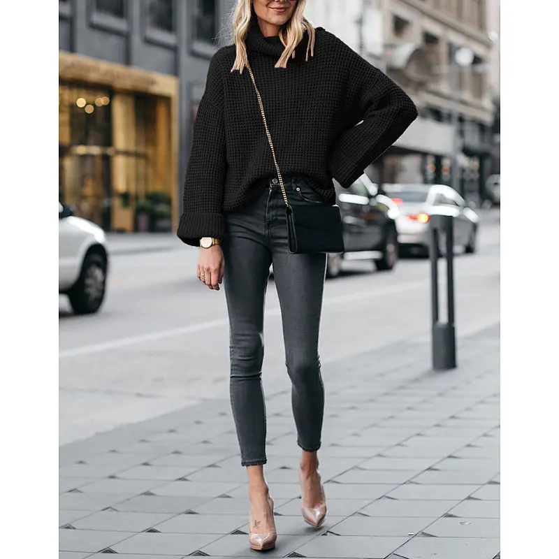 Solid color fashion knitwear casual women clothes  turtleneck sweater