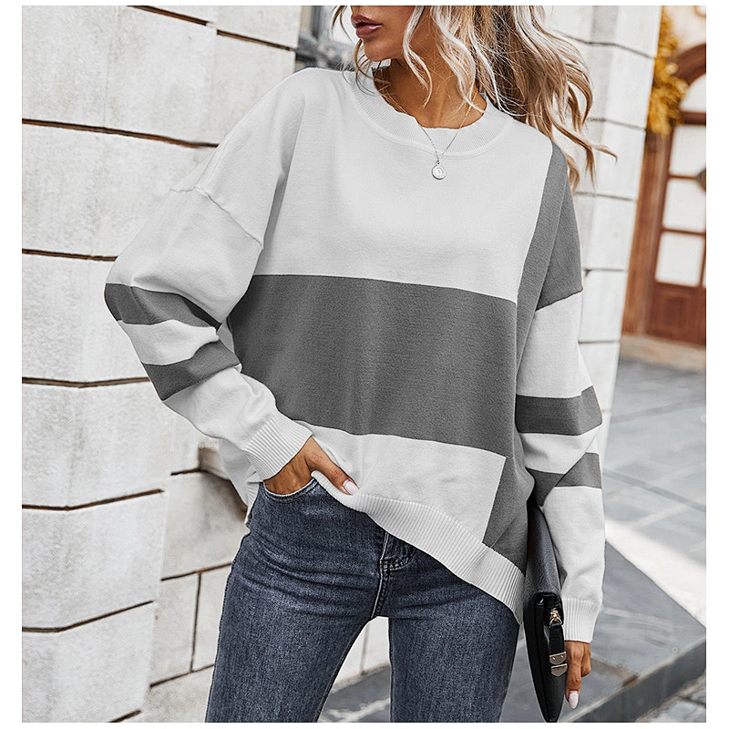 Women sweaters color blocking irregular hem loose knit sweater bat sleeve pullover sweater
