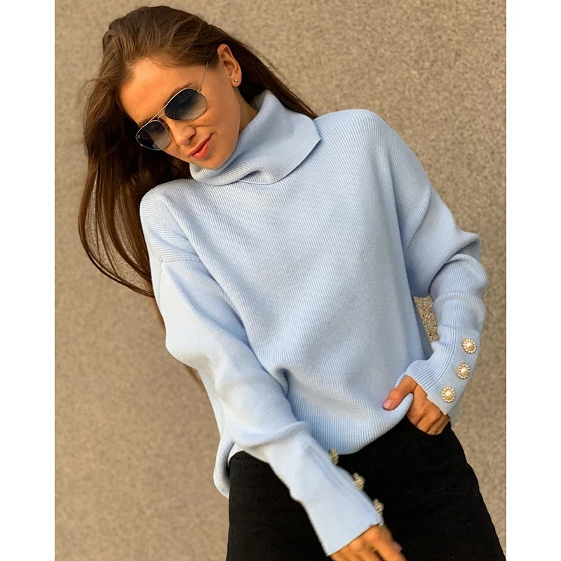 2020 Fshion female elegant pure color pullover sweater  blue boho turtleneck sewater with buttons women