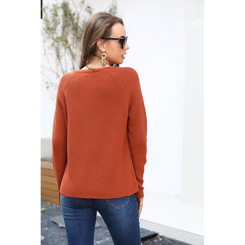 Hot sale women plain v neck pullover sweater fashion casual knitwear for lady vintage sweater