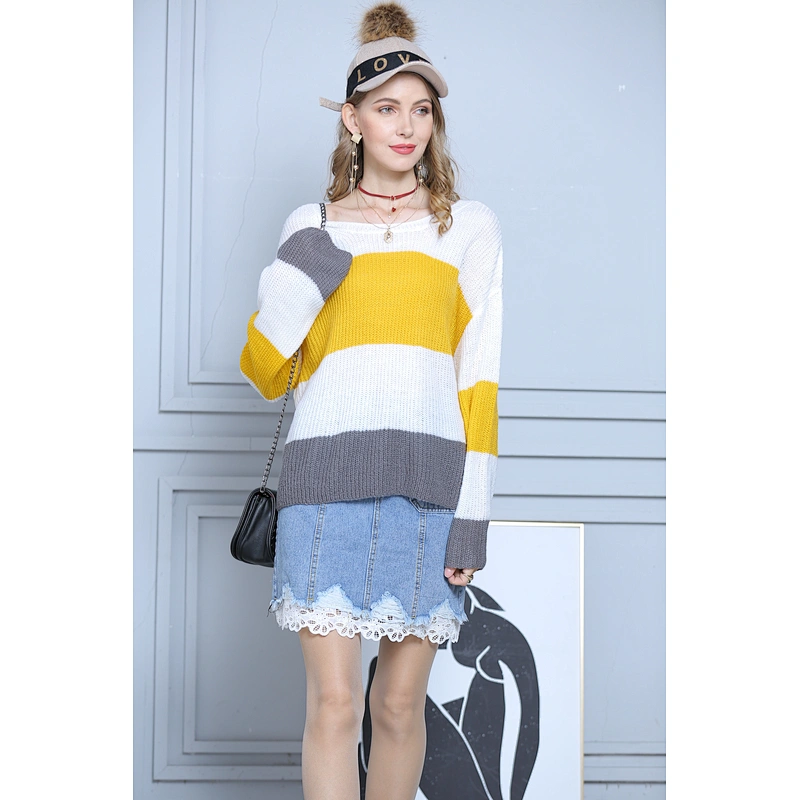Striped pullover apparel mohair knitwear stitching trumpet sleeve sweater