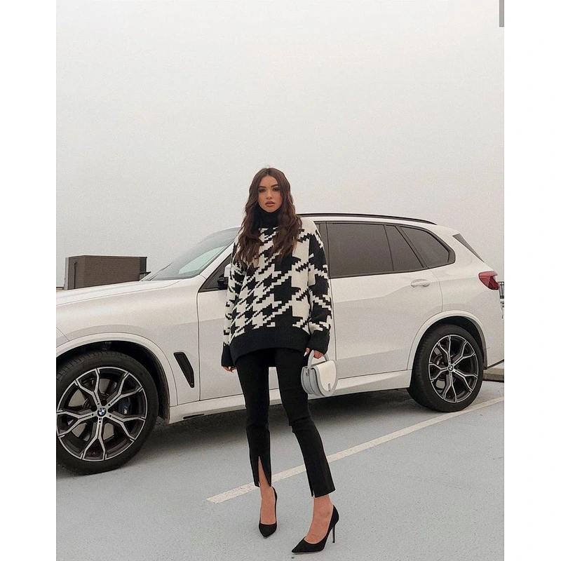 Wholesale Fall clothing for women houndstooth knitwear sweaters ladies oversized turtleneck sweate
