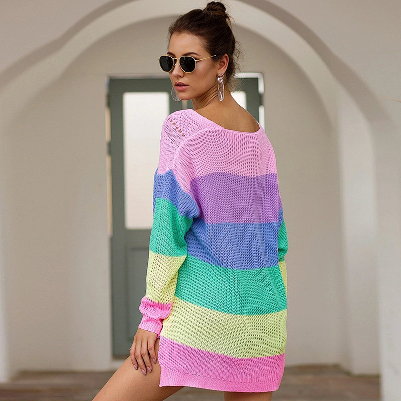 2020 rainbow striped color blocking long sleeve knitted loose pullovers clothes women Casual fashion sweater