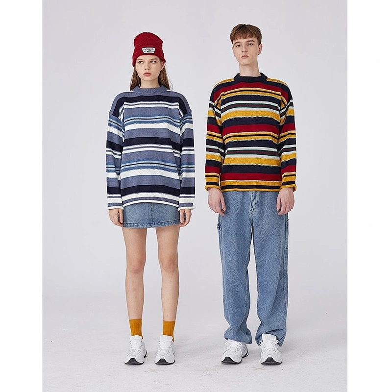 Couple matching clothing designs korean sweaters color unisex knitwear winter stripes o-neck women's wear stripes knitwear