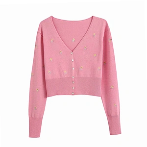 Women Floral Embroidery Cropped Knitted Cardigan Sweater Vintage Girl Tops blouse