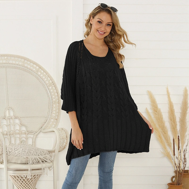 New Round Neck Mid Sleeve Pullover Jumper Loose Knit Long Plus Size Women Sweaters