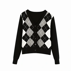 Women Cardigan Vintage Stylish Geometric Pattern Outerwear Fashion Long Sleeve Short Knitted Sweaters