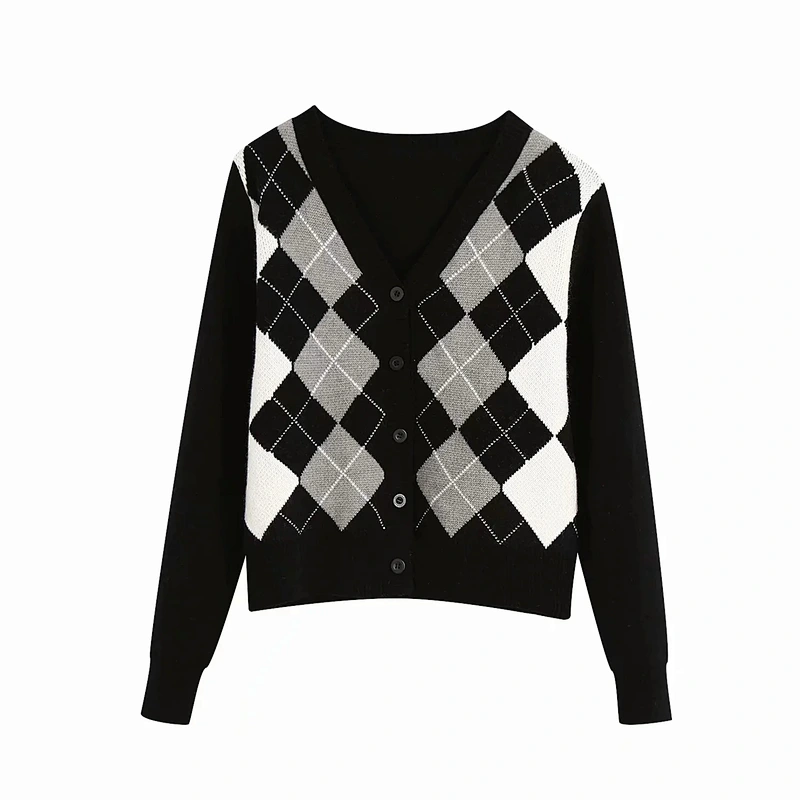 Women Cardigan Vintage Stylish Geometric Pattern Outerwear Fashion Long Sleeve Short Knitted Sweaters