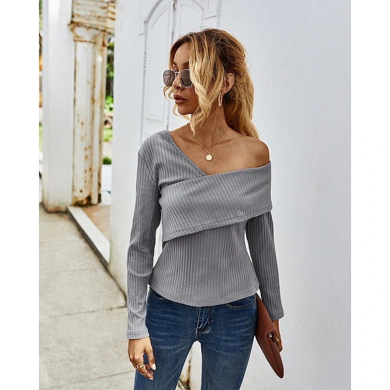 Women clothing pure color rib tops sexy basic knitwear off-the-shoulder long sleeve t-shirt