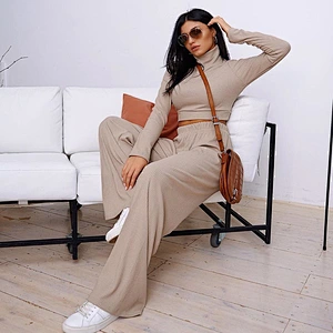 Fashion high necked pants sexy 2 piece corset sweater set women solid color slim sportswear
