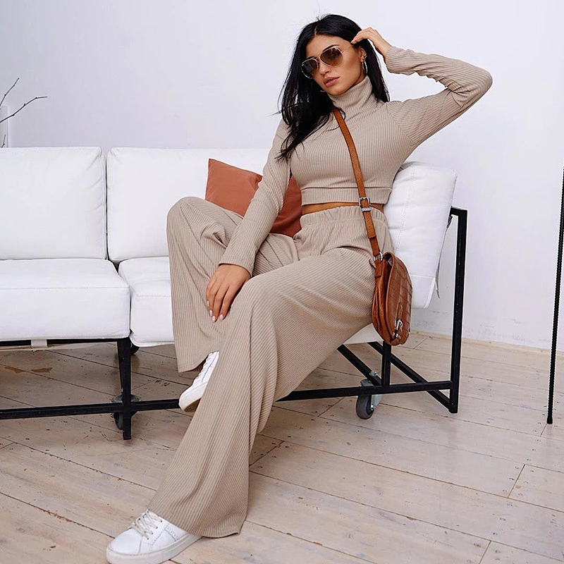 Fashion high necked pants sexy 2 piece corset sweater set women solid color slim sportswear
