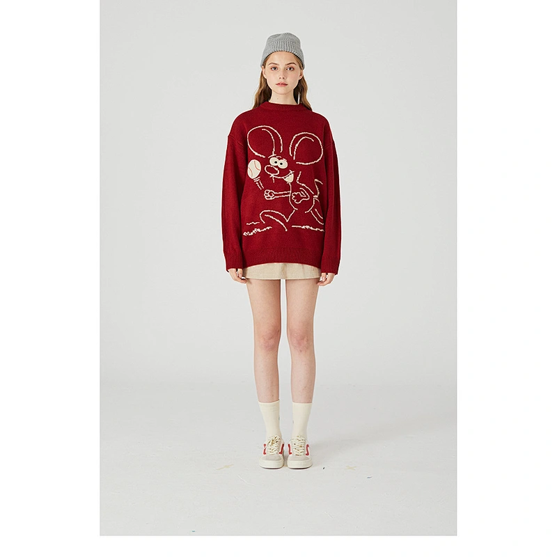Mens cropped knitted crew neck sweater oversized heavy mouse couple pullover soft knit sweater