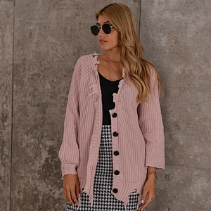 Solid color winter button V-neck knitted sweater cardigan Mid-length women sweaters