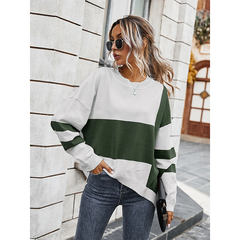 Women sweaters color blocking irregular hem loose knit sweater bat sleeve pullover sweater