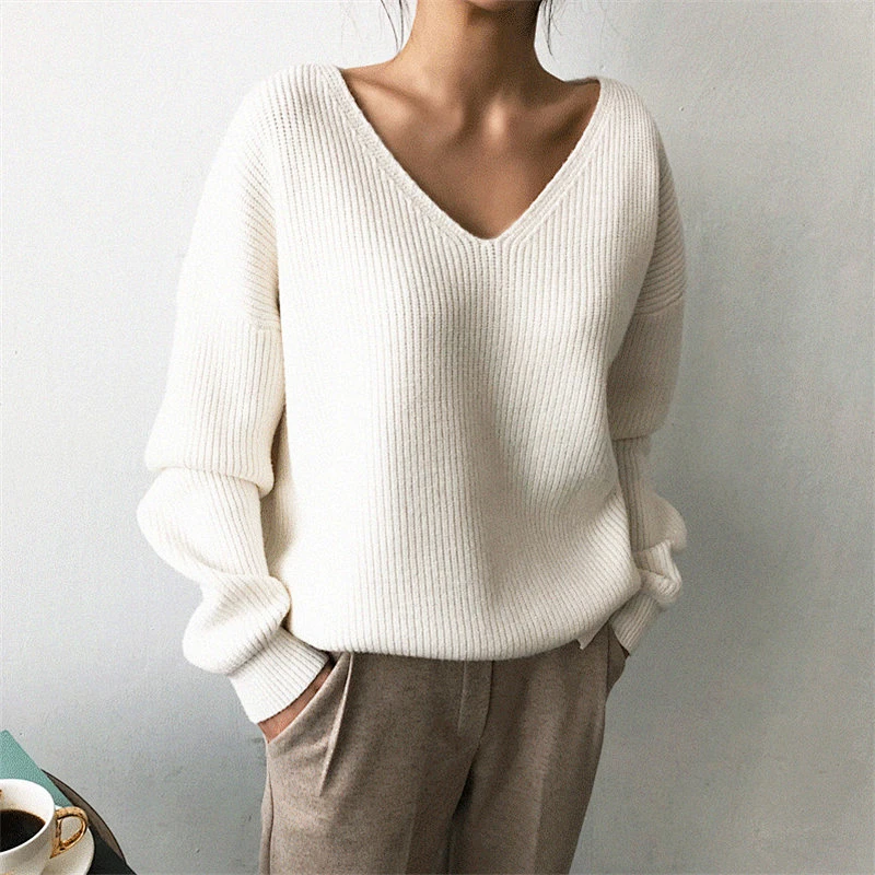 Autumn Winter Casual V Neck Women Pullover Sweater Solid Long Sleeve Loose Knitted Tops