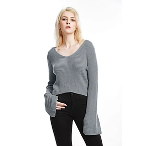 Flared sleeve pullover knitwear sexy V-neck cropped top fashion sweater