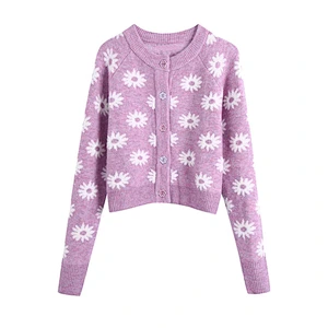 Purple women sweaters fashionable cardigans womens Floral Buttons cropped Knitted sweater