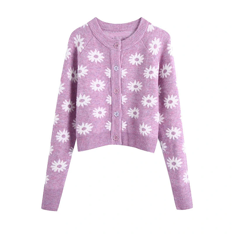 Purple women sweaters fashionable cardigans womens Floral Buttons cropped Knitted sweater