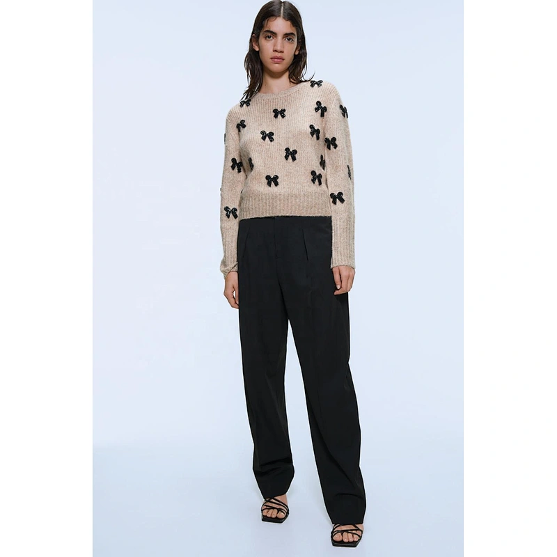 Elegant Bow Tie custom jacquard designer sweaters woolen Vintage knit crop sweaters for women