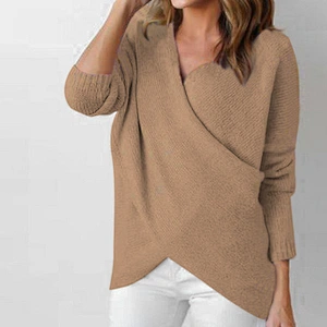 Women clothing autumn casual knitted sweater V-neck Irregular bottom sweater in stock