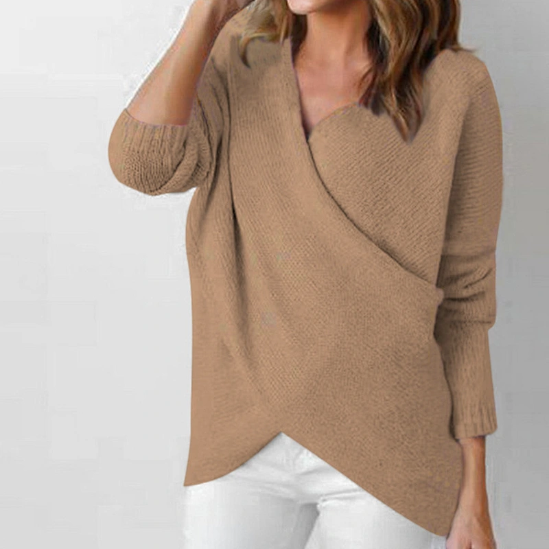 Women clothing autumn casual knitted sweater V-neck Irregular bottom sweater in stock