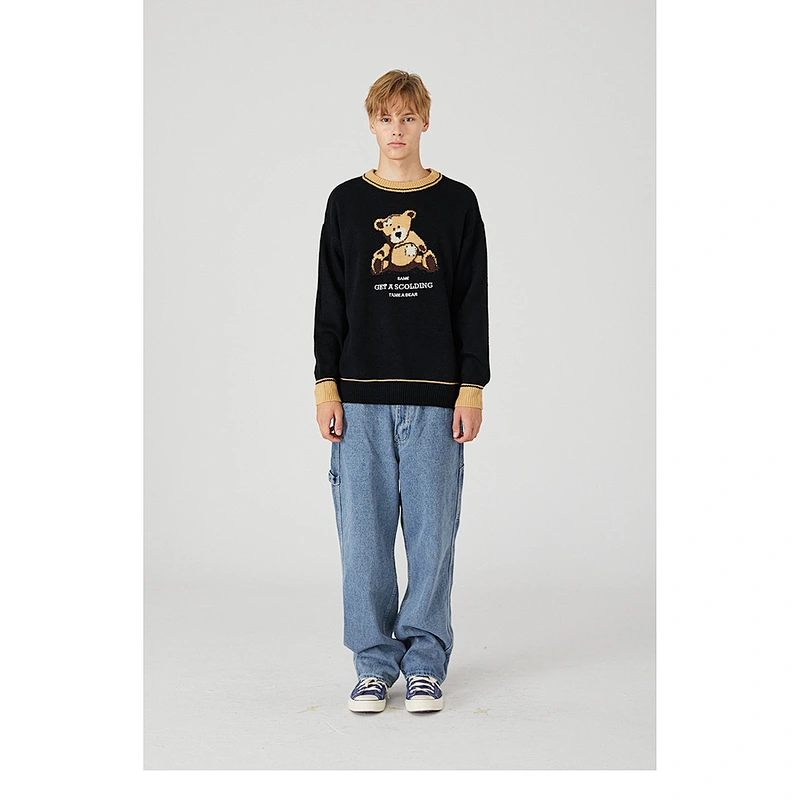 Wholesale couple pullover teddy bear knitwear crewneck sweater unisex custom intarsia sweater