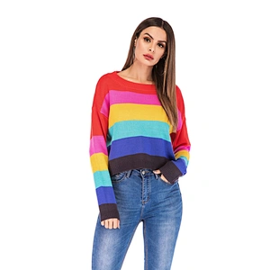 Women's loose knitwear fashion casual apparel rainbow striped long-sleeved sweater