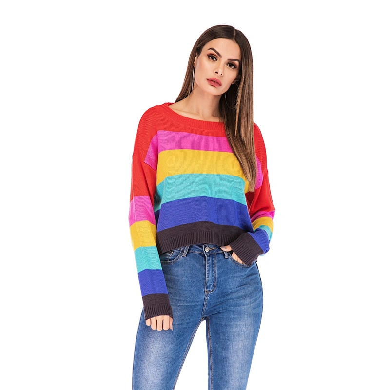 Women's loose knitwear fashion casual apparel rainbow striped long-sleeved sweater