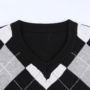 V-neck fashion girl blouse winter luxury long  plaid women knitwear sweater