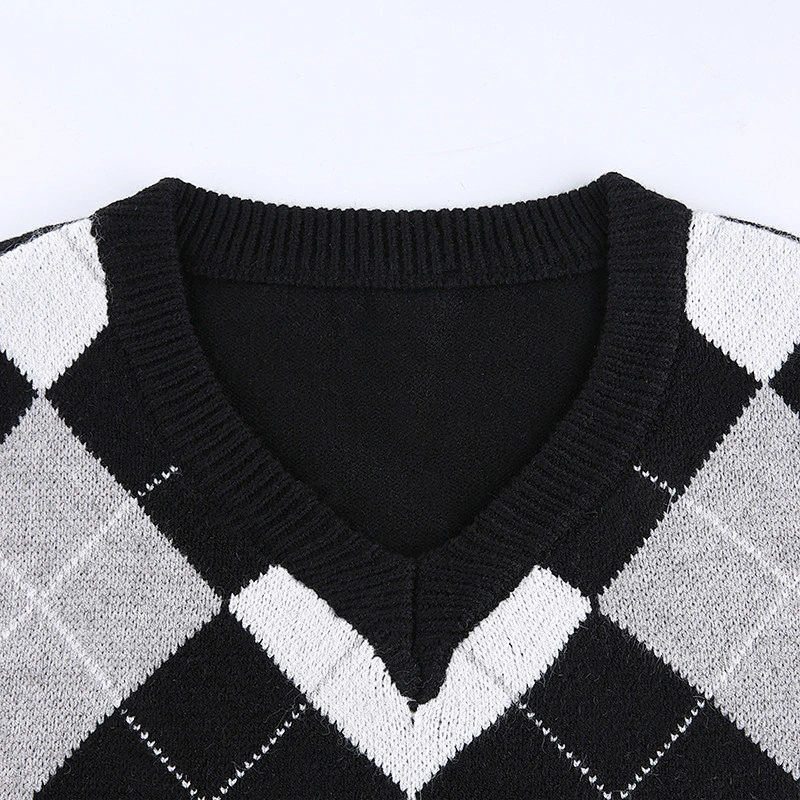 V-neck fashion girl blouse winter luxury long  plaid women knitwear sweater