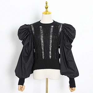 Autumn new style fashion retro puff sleeve tops round neck stitching knit sweater for women